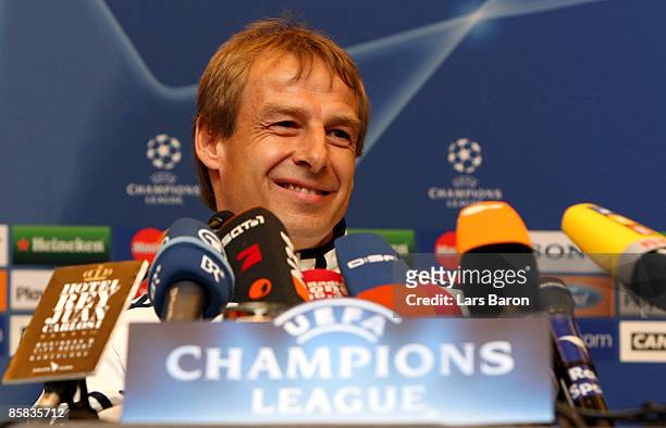 Headcoach Juergen Klinsmann smiles during a Bayern Muenchen press conference at the hotel Rey Juan Carlos I on April 7, 2009 in Barcelona, Spain.