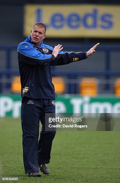 Andy Key, the Leeds Carnegie director of rugby gestures during a training session held at Headingley on April 7, 2009 in Leeds, England.
