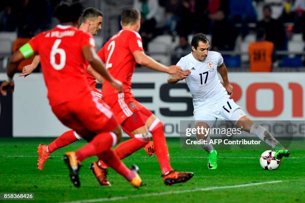 Georgia's midfielder Giorgi Merebashvili controls the ball during the FIFA World Cup 2018 qualification football match between Georgia and Wales in...