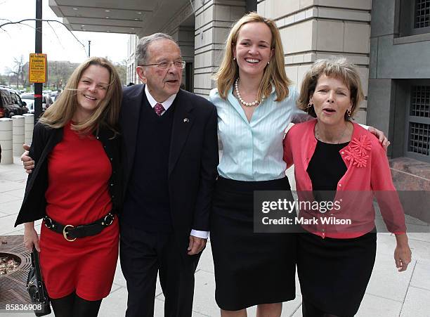 Former U.S. Sen. Ted Stevens walks with is daughters Beth , Lily and Susan as they leave the Federal Courthouse, April 7, 2009 in Washington, DC....