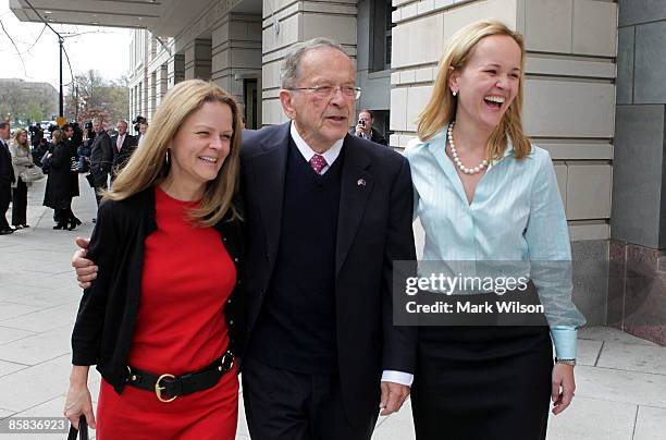 Former U.S. Sen. Ted Stevens walks with is daughters Beth and Lily as they leave the Federal Courthouse, April 7, 2009 in Washington, DC. Today a A...