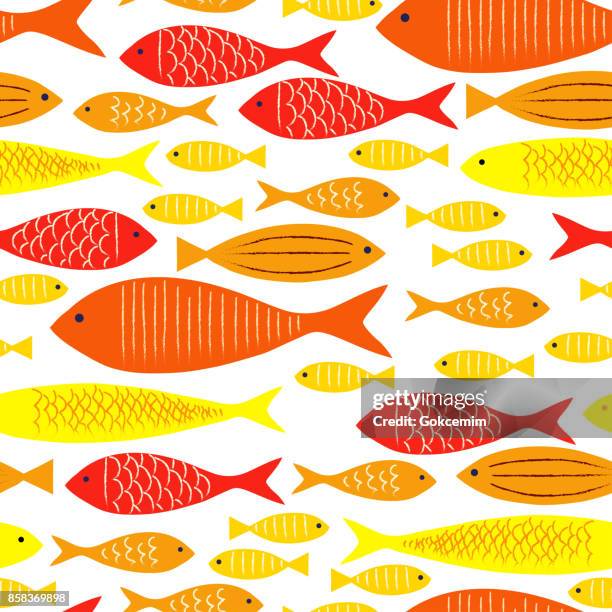 orange & rote & gelbe fische seamless pattern mit weißem hintergrund. - humpback whale stock-grafiken, -clipart, -cartoons und -symbole