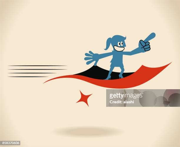 confident smiling businesswoman (woman, girl) flying on a magic carpet - flying carpet stock illustrations