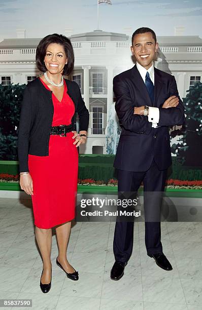 The replicas of Michelle Obama and President Barack Obama at the unveiling of a "Michelle Obama" wax figure at Madame Tussauds on April 7, 2009 in...