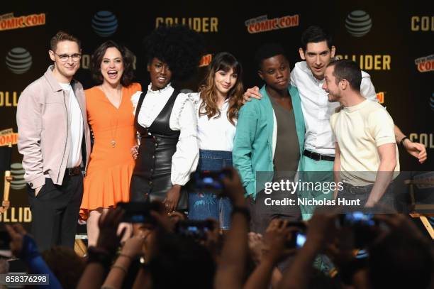 Samuel Barnett, Fiona Dourif, Jade Eshete, Hannah Marks, Mpho Koaho, Max Landis, and Elijah Wood pose onstage during the Dirk Gently's Holistic...