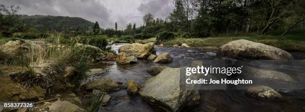 glendalough from the river - irish round tower 個照片及圖片檔