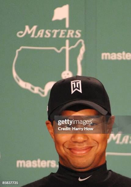 Tiger Woods is interviewed during a press conference during a practice round prior to the 2009 Masters Tournament at Augusta National Golf Club on...