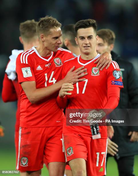 Wales' Dave Edwards and Tom Lawrence celebrate after the final whistle of the 2018 FIFA World Cup Qualifying, Group D match at the Boris Paichadze...