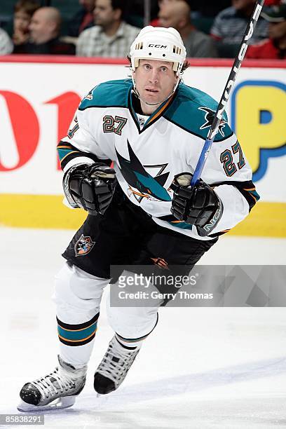 Jeremy Roenick of the San Jose Sharks skates against the Calgary Flames on March 30, 2009 at Pengrowth Saddledome in Calgary, Alberta, Canada. The...