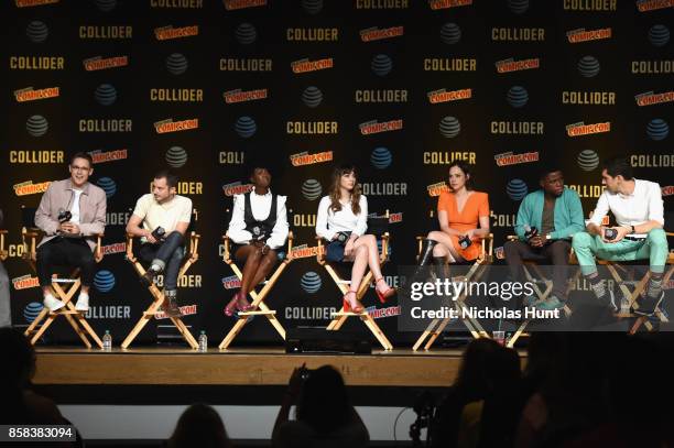 Samuel Barnett, Elijah Wood, Jade Eshete, Hannah Marks, Fiona Dourif, Mpho Koaho, and Max Landis speak onstage during the Dirk Gently's Holistic...