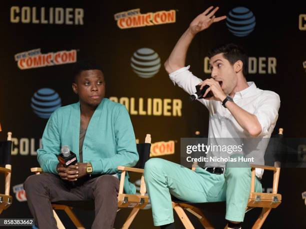 Mpho Koaho and Max Landis speak onstage during the Dirk Gently's Holistic Detective Agency - BBC AMERICA Official Panel during 2017 New York Comic...