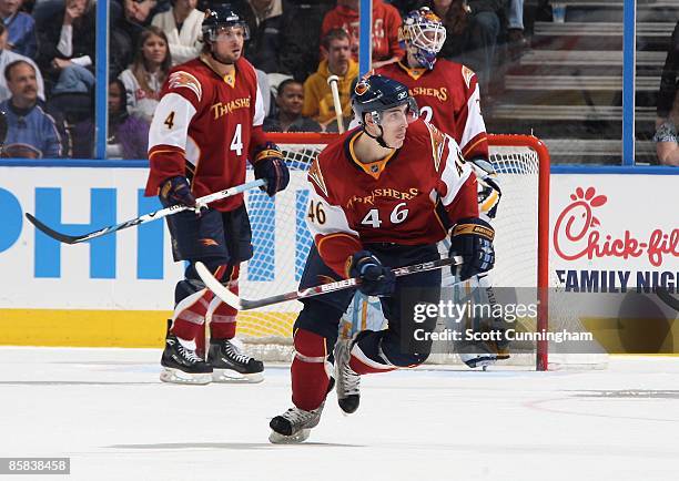 Spencer Machacek of the Atlanta Thrashers skates against the Washington Capitals at Philips Arena on March 16, 2009 in Atlanta, Georgia.