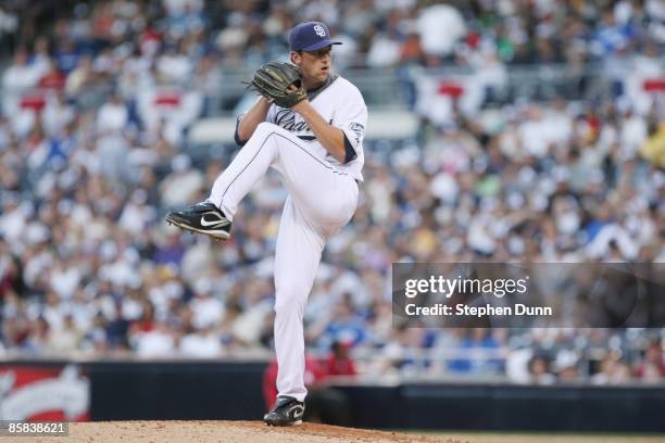 Luke Gregerson of the San Diego Padres throws against the Los Angeles Dodgers on April 6, 2009 at Petco Park in San Diego, California. The Dodgers...