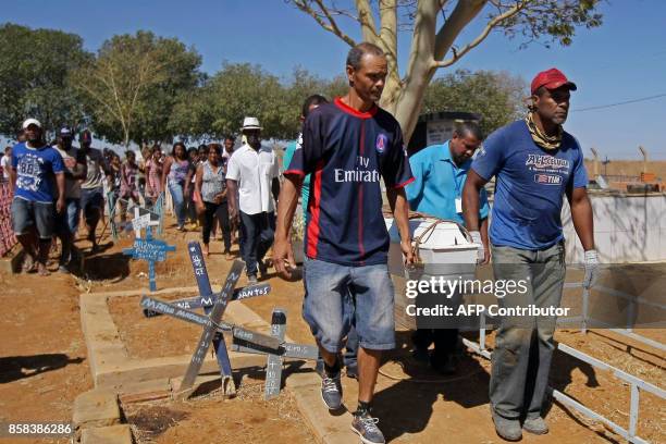 The coffin of Ana Clara one of the victims of the municipal daycare centre attack -where a watchman sprayed children with alcohol and set them on...