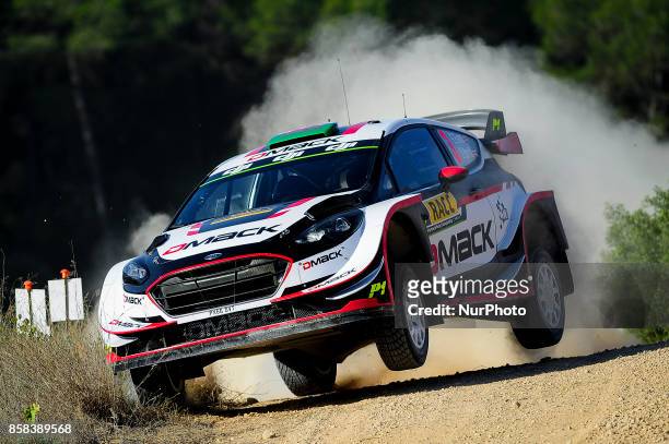 The British driver Elfyn Evans and his co-driver Daniel Barrett, of M-Sport, jumping with his Ford Fiesta WRC, during the first day of the Rally Racc...
