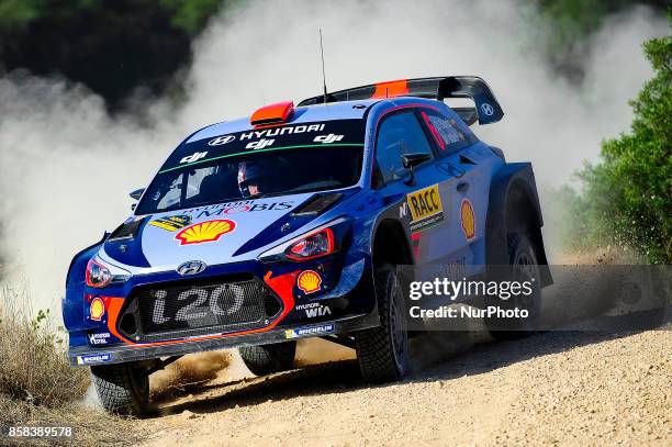 The Spanish driver, Daniel Sordo and his co-driver Marc Marti of Hyundai Motorsport, jumping with his Hyundai i20, during first day of the Rally Racc...