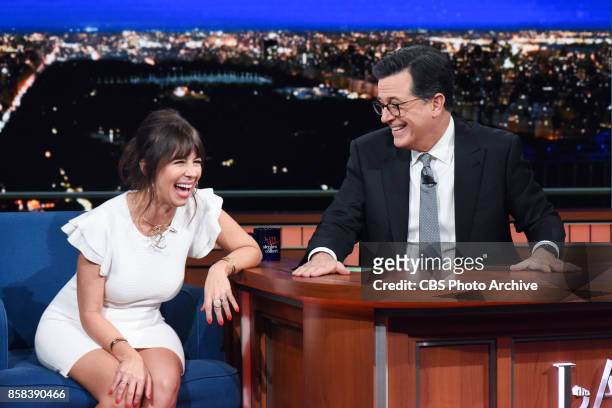 The Late Show with Stephen Colbert and guest Natasha Leggero during Tuesday's October 3, 2017 show.