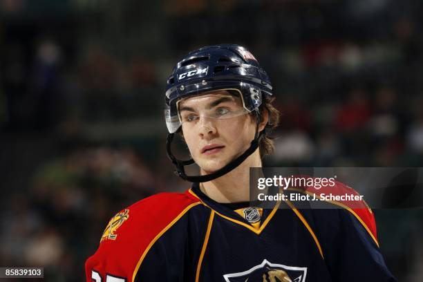 Michael Frolik of the Florida Panthers during a break in the action against the Pittsburgh Penguins at the Bank Atlantic Center on April 5, 2009 in...