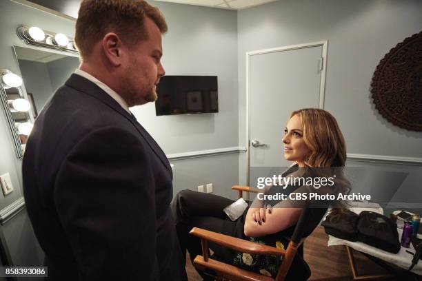 Liz Gillies chats in the green room with James Corden during "The Late Late Show with James Corden," Monday, October 2, 2017 On The CBS Television...