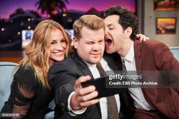 Julia Roberts and Ben Schwartz chat with James Corden during "The Late Late Show with James Corden," Tuesday, October 3, 2017 On The CBS Television...