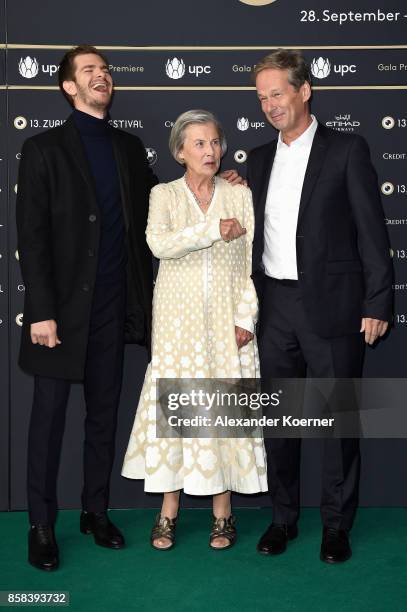 Actor Andrew Garfield Diana Cavendish and Jonathan Cavendish attend the 'Breathe' premiere at the 13th Zurich Film Festival on October 6, 2017 in...