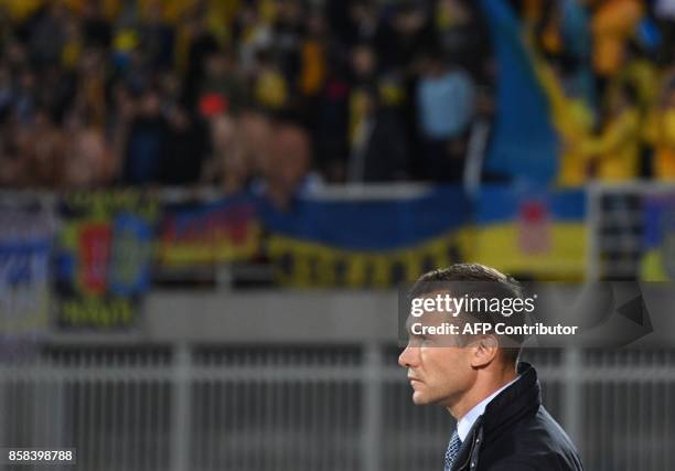Ukraine's head coach Andriy Shevchenko looks on during the FIFA World Cup 2018 qualification football match between Kosovo and Ukraine at The Loro...