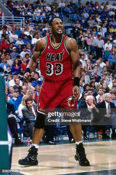 Alonzo Mourning of the Miami Heat reacts circa 1996 at the Bradley Center in Milwaukee, Wisconsin. NOTE TO USER: User expressly acknowledges and...