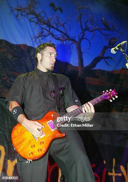 Sevendust guitarist Clint Lowery performs as the band opens for Creed at the Thomas & Mack Center October 4, 2002 in Las Vegas, Nevada. Sevendust is...