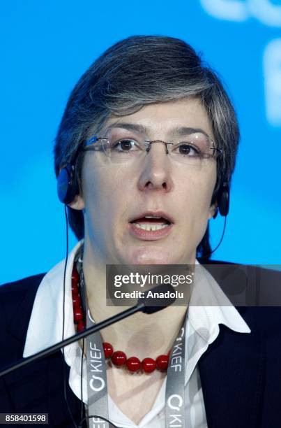 Director of MEDEF International Geraldine Lemble delivers a speech during the "Kyiv International Economic Forum 2017" in Kiev, Ukraine, on October...