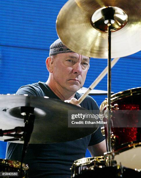 Rush drummer Neil Peart performs during a sold-out show at the MGM Grand Garden Arena September 21, 2002 in Las Vegas, Nevada. After a nearly...