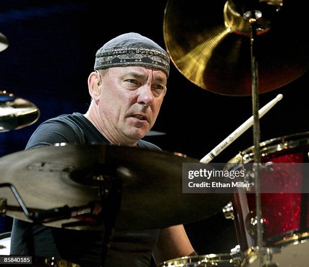 Rush drummer Neil Peart performs during a sold-out show at the MGM Grand Garden Arena September 21, 2002 in Las Vegas, Nevada. After a nearly...