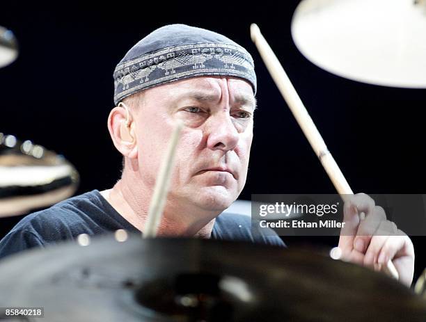 Rush drummer Neil Peart performs during a sold-out show at the MGM Grand Garden Arena September 21, 2002 in Las Vegas, Nevada. After a nearly...