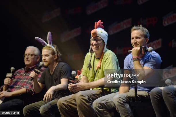 Keith Crofford, Seth Green, Matt Senreich and Breckin Meyer speak onstage at the Robot Chicken Panel during New York Comic Con 2017 -JK at...