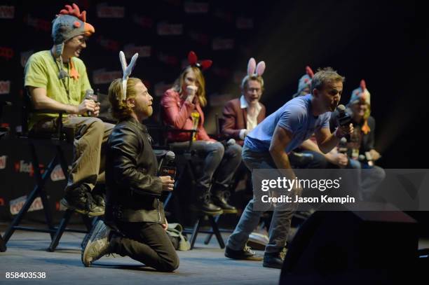 Seth Green and Breckin Meyer speak onstage at the Robot Chicken Panel during New York Comic Con 2017 -JK at Hammerstein Ballroom on October 6, 2017...