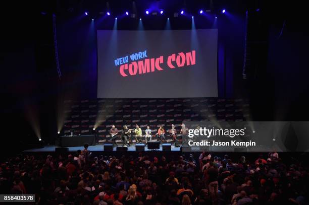 Keith Crofford, Seth Green, Matt Senreich, Breckin Meyer, Clare Grant, Macaulay Culkin, Tom Root and Tom Sheppard speak onstage at the Robot Chicken...