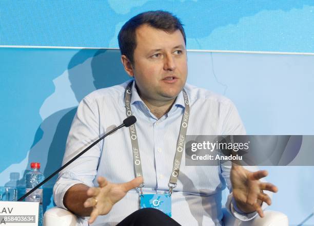 Of portmone.com Svyatoslav Komakha delivers a speech during the "Kyiv International Economic Forum 2017" in Kiev, Ukraine, on October 06, 2017.