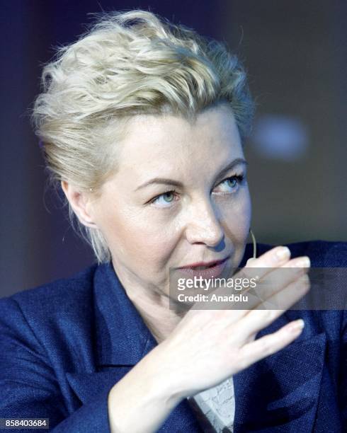 Head of the Department of Publicistic Projects, author and anchor Oksana Sokolova delivers a speech during the "Kyiv International Economic Forum...