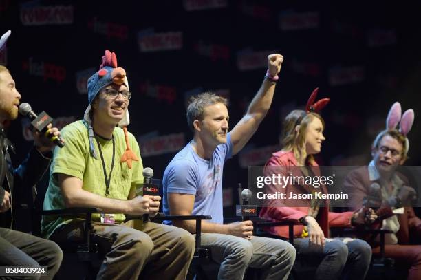 Seth Green, Matt Senreich, Breckin Meyer, Clare Grant and Macaulay Culkin speak onstage at the Robot Chicken Panel during New York Comic Con 2017 -JK...