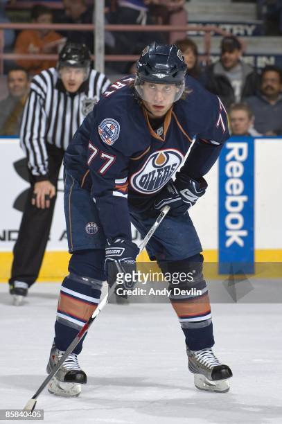 Tom Gilbert of the Edmonton Oilers stands his ground on the point against the Minnesota Wild at Rexall Place on February 28, 2009 in Edmonton,...