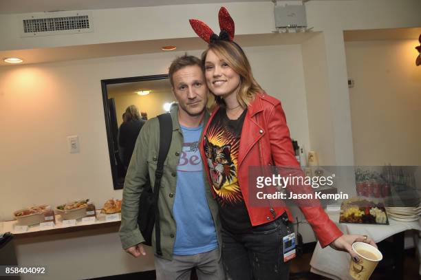 Actors Breckin Meyer and Clare Grant pose backstage at the Robot Chicken Panel during New York Comic Con 2017 -JK at Hammerstein Ballroom on October...