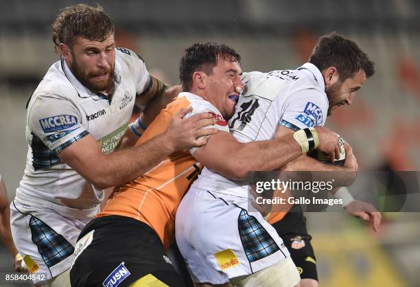 Tommy Seymour of the Glasgow Warriors and Henco Venter of the Toyota Cheetahs during the Guinness Pro14 match between Toyota Cheetahs and Glasgow...