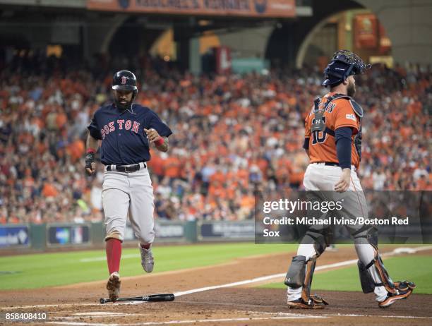 Chris Young of the Boston Red Sox scores against the Houston Astros in the second inning of game two of the American League Division Series at Minute...