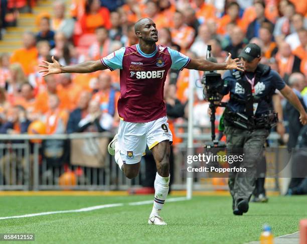 Carlton Cole of West Ham celebrates after scoring a goal during the nPower Championship Playoff Final between West Ham United and Blackpool at...