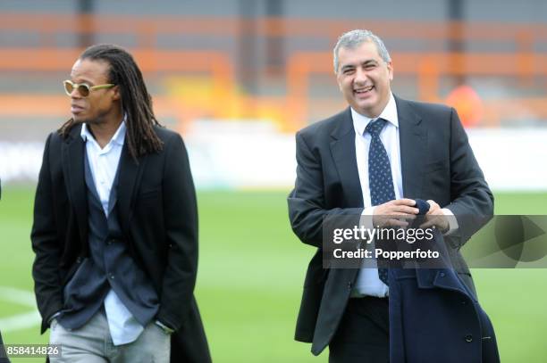 Chairman of Barnet Anthony Kleanthous looks pleased with his new signing of player coach Edgar Davids prior to the nPower League Two match between...