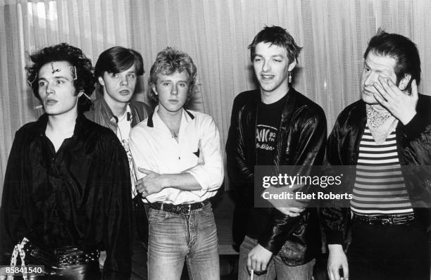 Photo of ADAM & THE ANTS and Adam ANT and Marco PIRRONI and Terry Lee MIALL and Gary TIBBS and Chris HUGHES; Posed group portrait backstage L-R Adam...