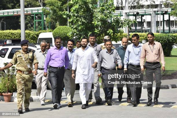 Leader Tejaswi Yadav at CBI headquarters on October 6, 2017 in New Delhi, India.