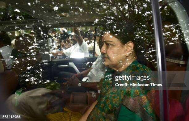 Former AIADMK Chief Sashikala leaves Bengaluru Central Jail on 5-day parole on October 6, 2017 in Bengaluru, India. VK Sasikala, the jailed interim...