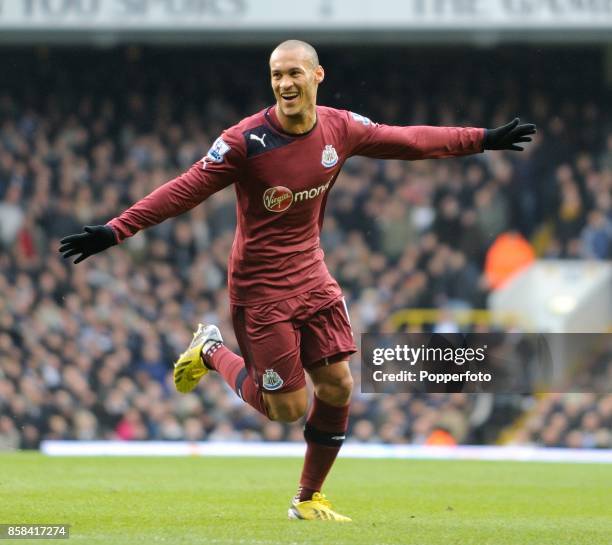 Yoan Gouffran of Newcastle celebrates after scoring a goal during the Barclay's Premier League match between Tottenham Hotspur and Newcastle United...