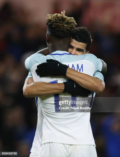 Dominic Solanke of England celebrates as he scores their third goal with Tammy Abraham of England during the UEFA European Under 21 Championship...