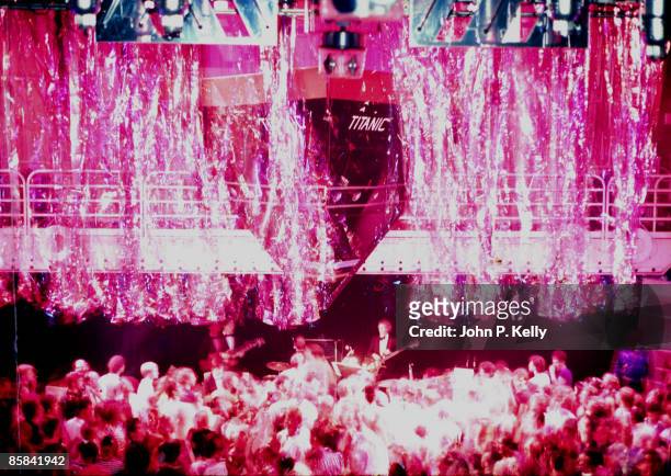 Photo of STUDIO 54, model of Titanic above stage with clubbers dancing below circa 1975.